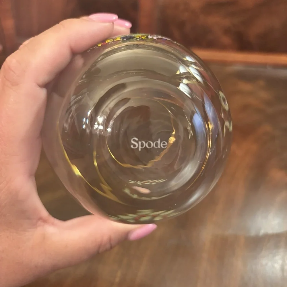 Spode Christmas Tree Stemless Wine Glasses Gold Trim Holiday Cocktail Set of‎ 2